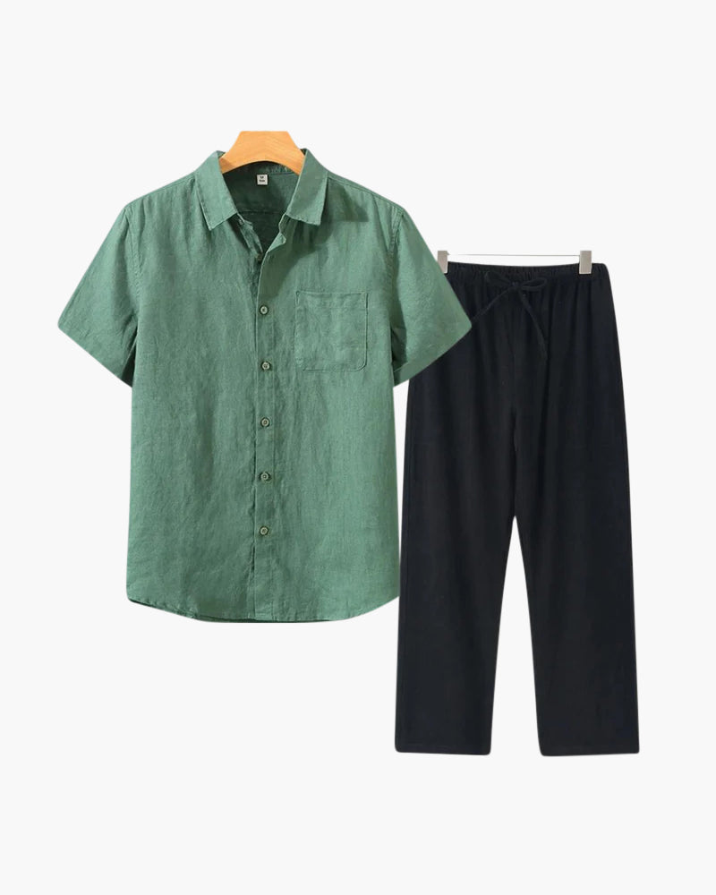 Short Sleeve Linen Shirt and Trouser Set for Men - Green