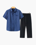 Short Sleeve Linen Shirt and Trouser Set for Men - Blue