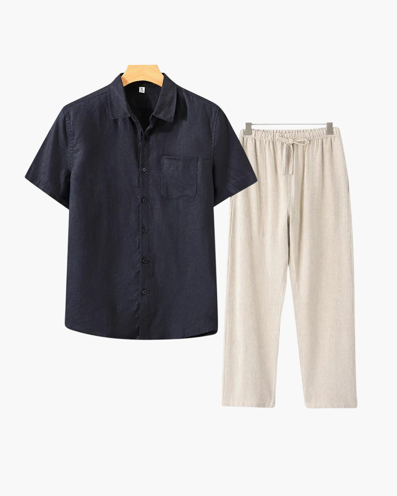 Short Sleeve Linen Shirt and Trouser Set for Men - Black
