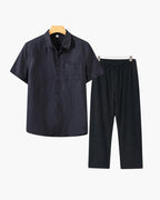 Short Sleeve Linen Shirt and Trouser Set for Men - Black