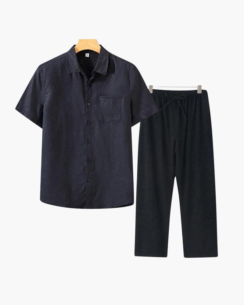 Short Sleeve Linen Shirt and Trouser Set for Men - Black
