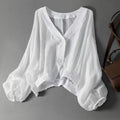 Women's Balloon Sleeve Blouse with V-Neck and Button Front - White