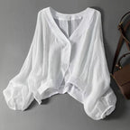 Women's Balloon Sleeve Blouse with V-Neck and Button Front - White