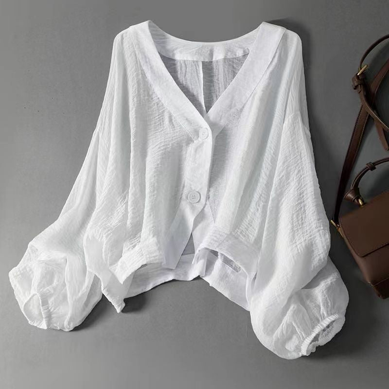 Women's Balloon Sleeve Blouse with V-Neck and Button Front - White