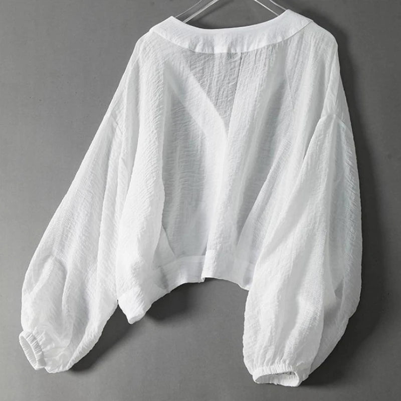 Women's Balloon Sleeve Blouse with V-Neck and Button Front