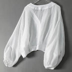 Women's Balloon Sleeve Blouse with V-Neck and Button Front