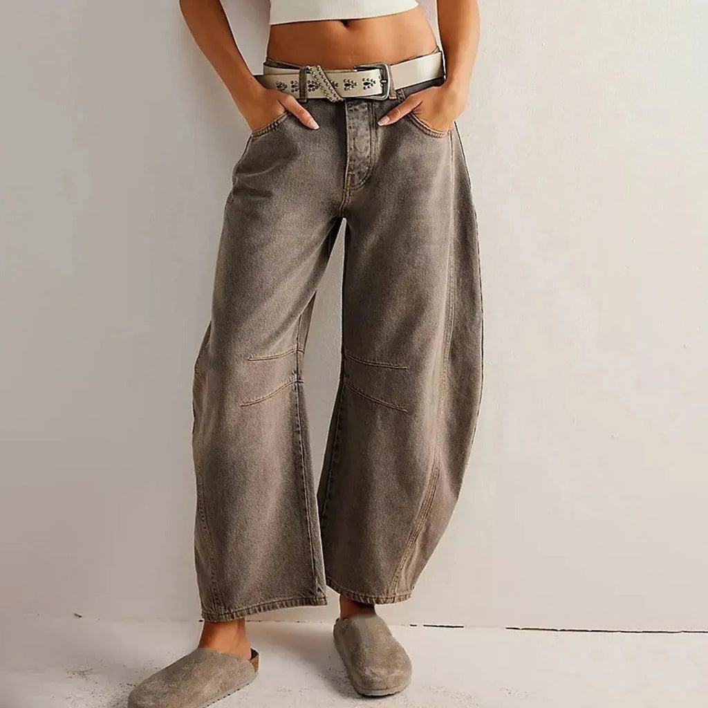 Women's Barrel Leg Jeans with Low Rise and Curved Shape - Taupe Gray