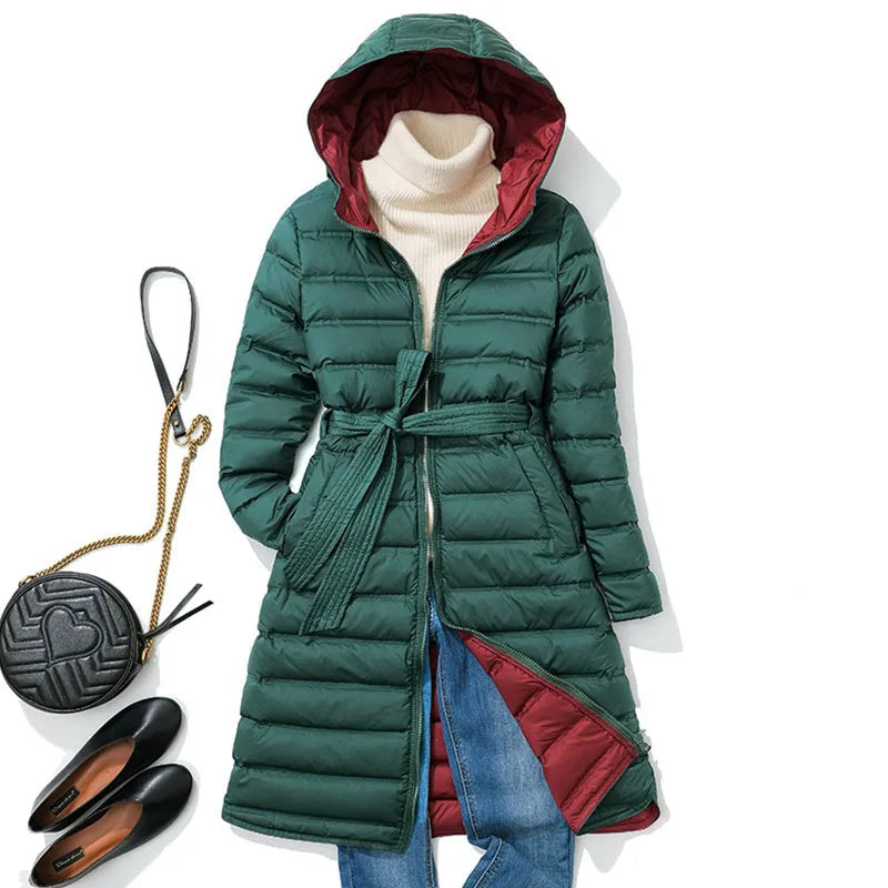 Women's Belted Long Puffer Coat with Hood and Contrast Lining - Forest Green