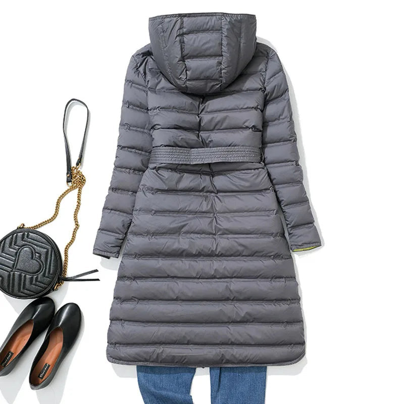 Women's Belted Long Puffer Coat with Hood and Contrast Lining