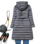 Women's Belted Long Puffer Coat with Hood and Contrast Lining