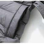 Women's Belted Long Puffer Coat with Hood and Contrast Lining