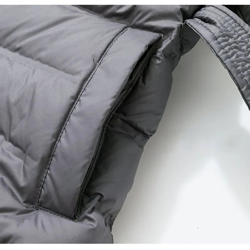 Women's Belted Long Puffer Coat with Hood and Contrast Lining