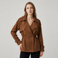 Women's Belted Utility Jacket with Cinched Waist and Storm Flap - Sienna Brown