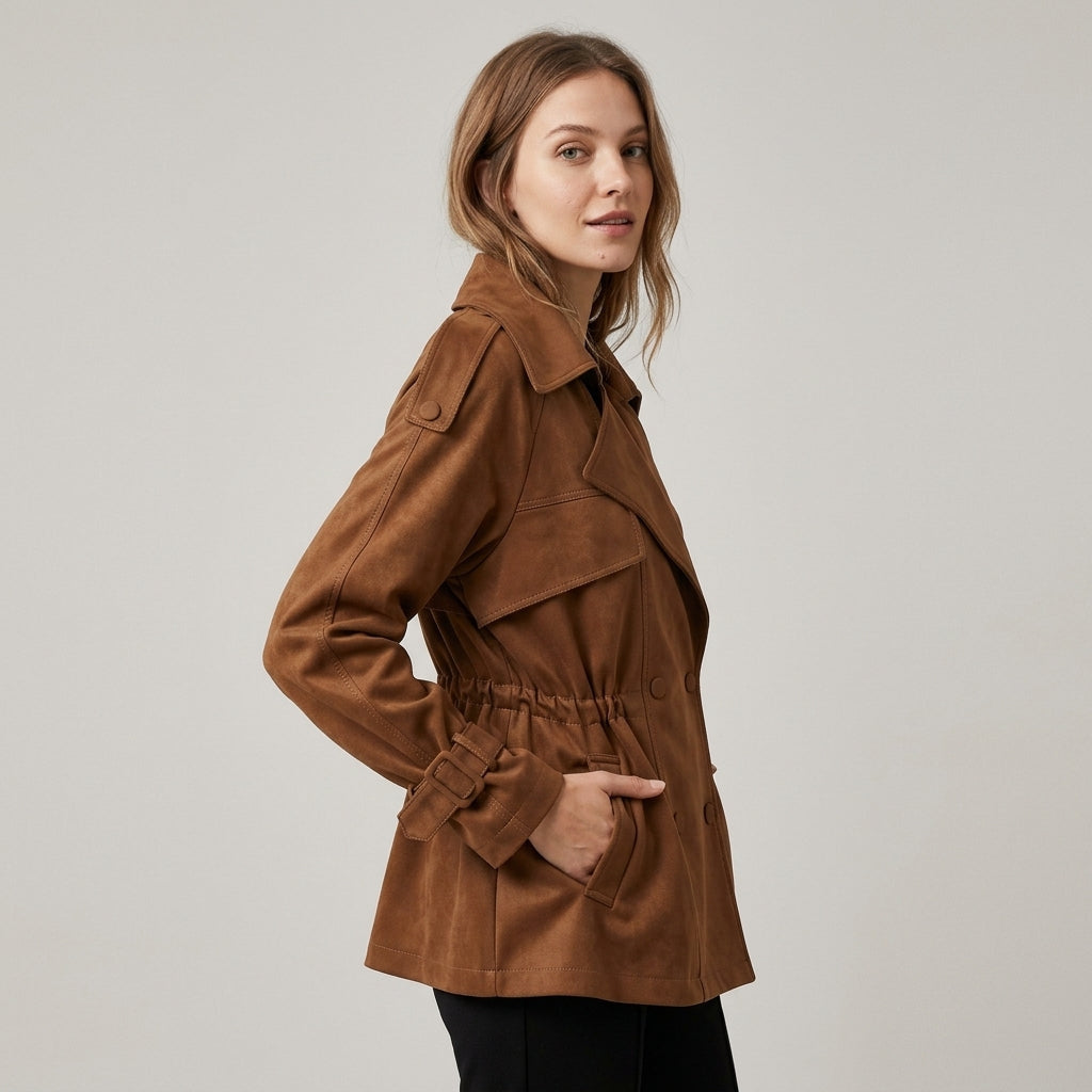 Women's Belted Utility Jacket with Cinched Waist and Storm Flap