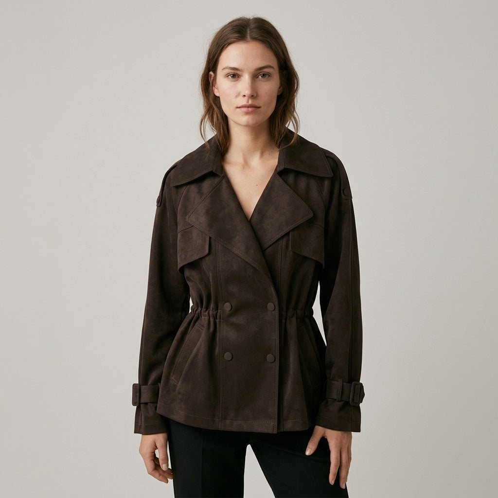 Women's Belted Utility Jacket with Cinched Waist and Storm Flap - Plum