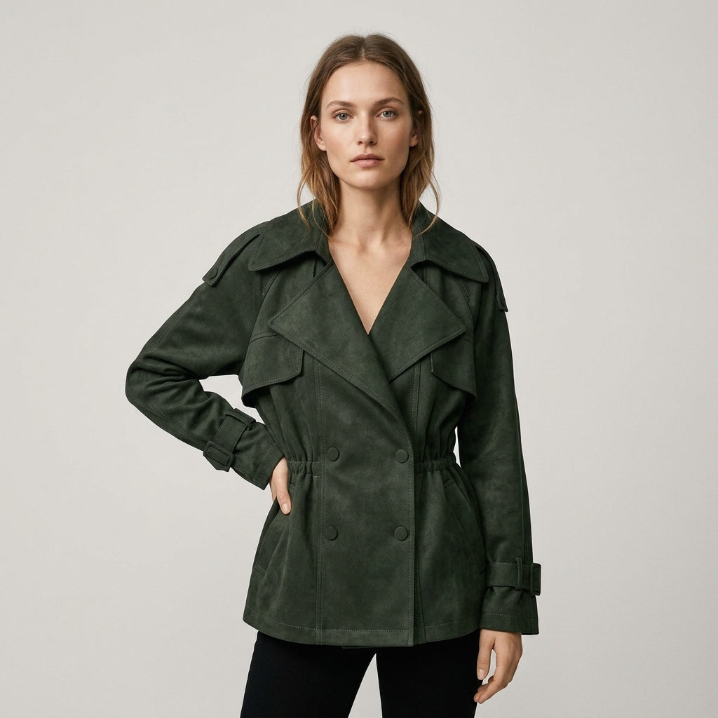 Women's Belted Utility Jacket with Cinched Waist and Storm Flap - Emerald