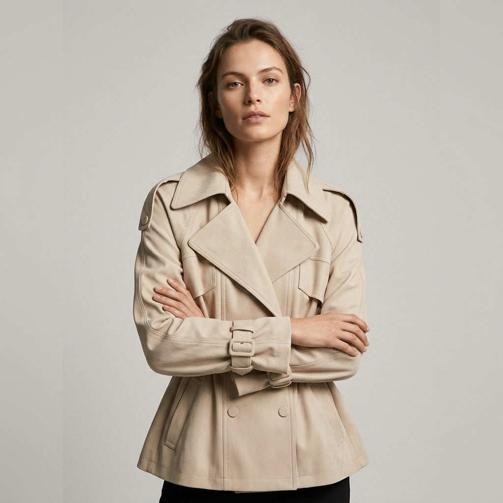 Women's Belted Utility Jacket with Cinched Waist and Storm Flap - Beige