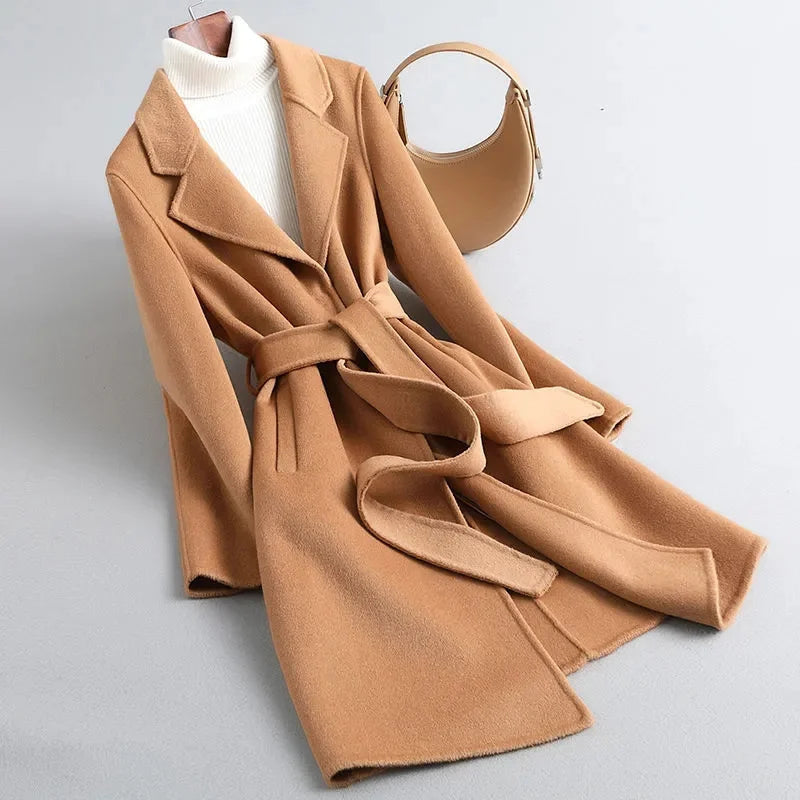 Women's Belted Wrap Coat with Wide Lapels and Long Length - Sienna Brown