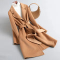 Women's Belted Wrap Coat with Wide Lapels and Long Length - Sienna Brown