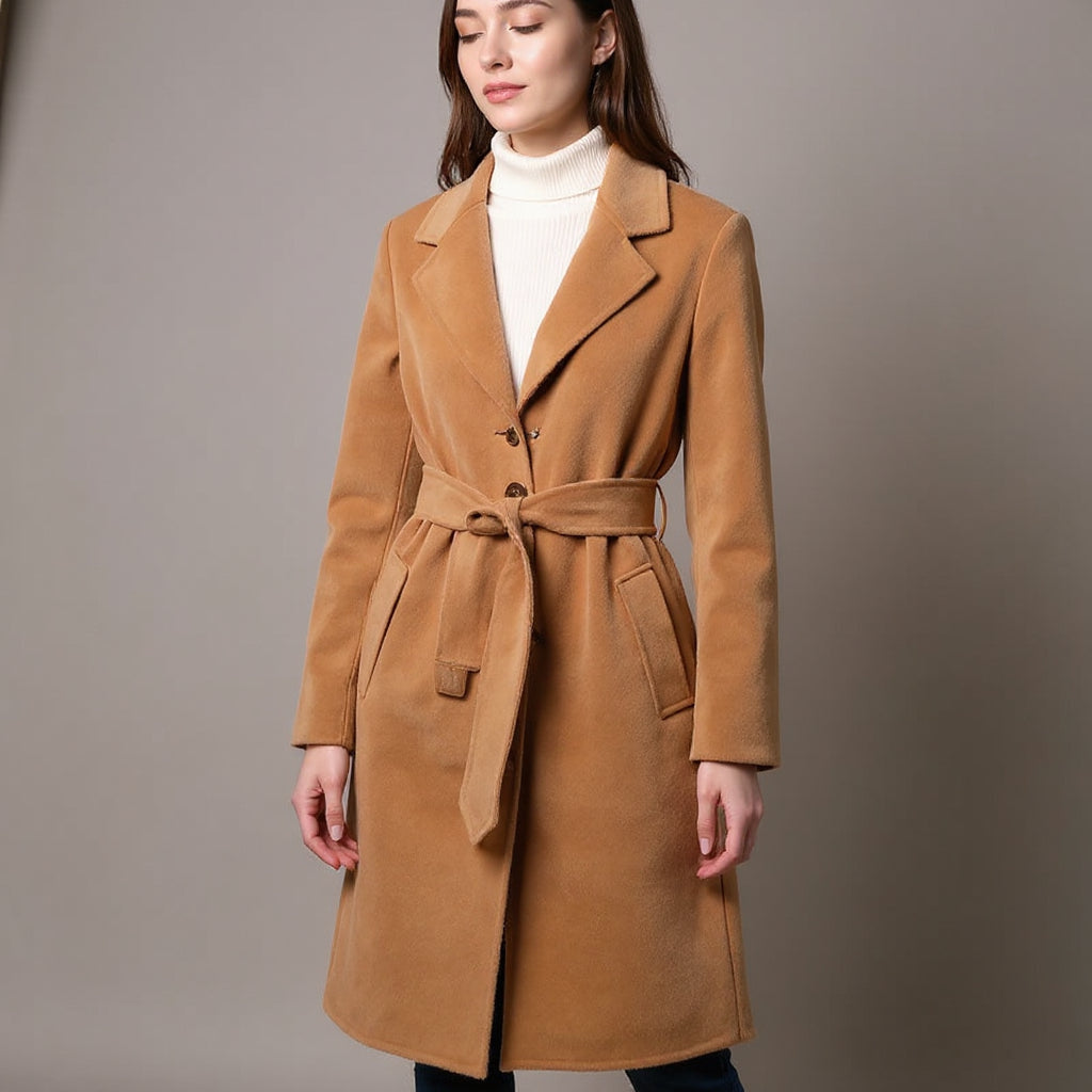 Women's Belted Wrap Coat with Wide Lapels and Long Length