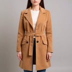Women's Belted Wrap Coat with Wide Lapels and Long Length