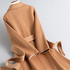 Women's Belted Wrap Coat with Wide Lapels and Long Length