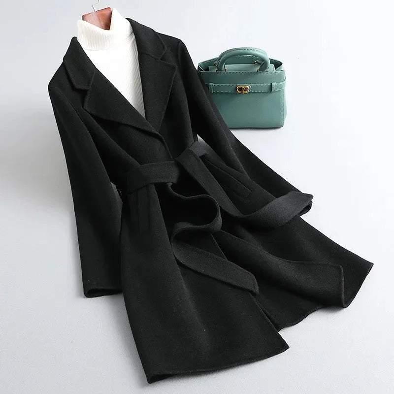 Women's Belted Wrap Coat with Wide Lapels and Long Length - Charcoal