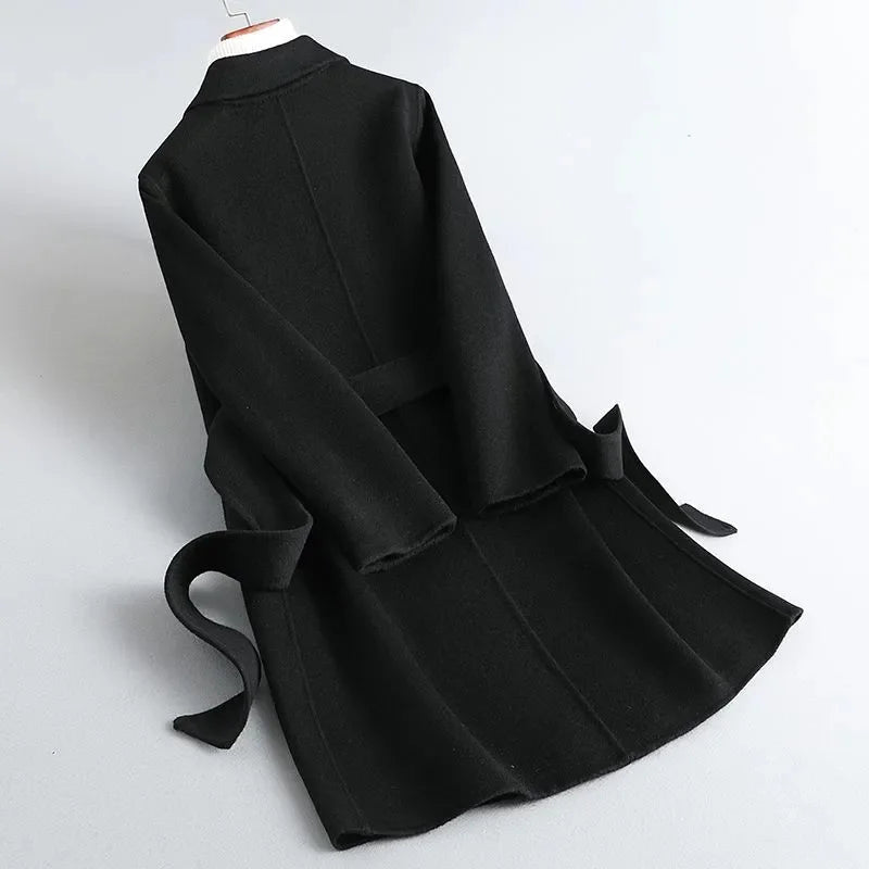 Women's Belted Wrap Coat with Wide Lapels and Long Length