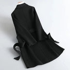 Women's Belted Wrap Coat with Wide Lapels and Long Length
