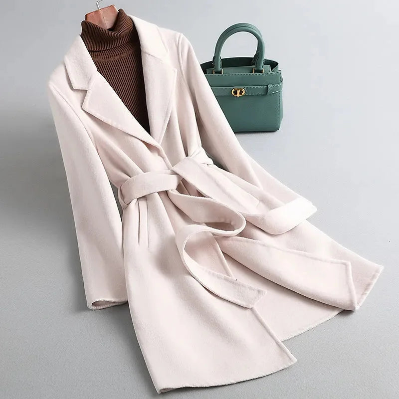 Women's Belted Wrap Coat with Wide Lapels and Long Length - Pearl