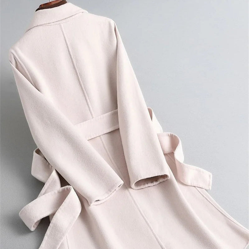 Women's Belted Wrap Coat with Wide Lapels and Long Length