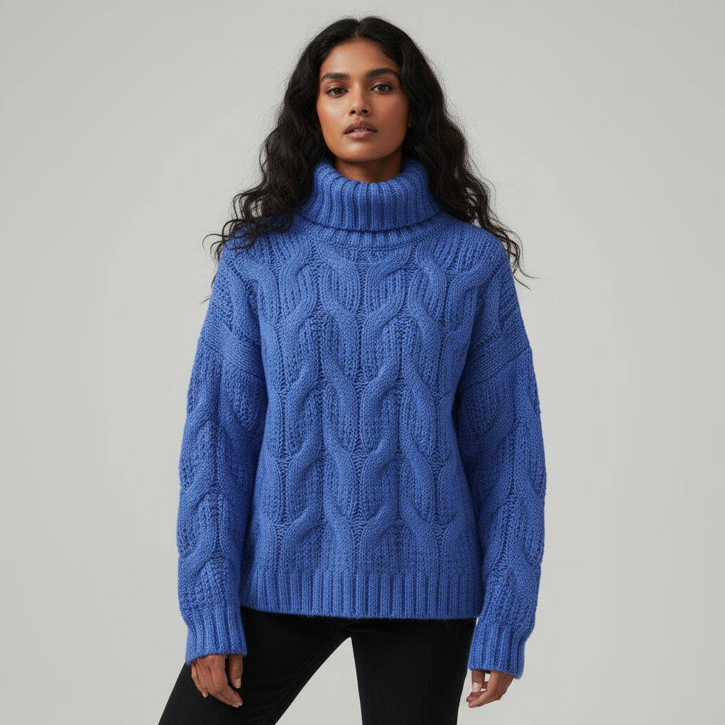 Women's Cable Knit Turtleneck Sweater with Relaxed Fit - Royal Blue