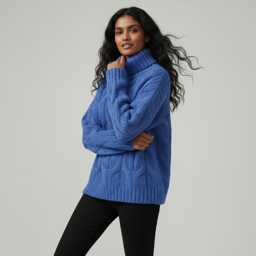 Women's Cable Knit Turtleneck Sweater with Relaxed Fit