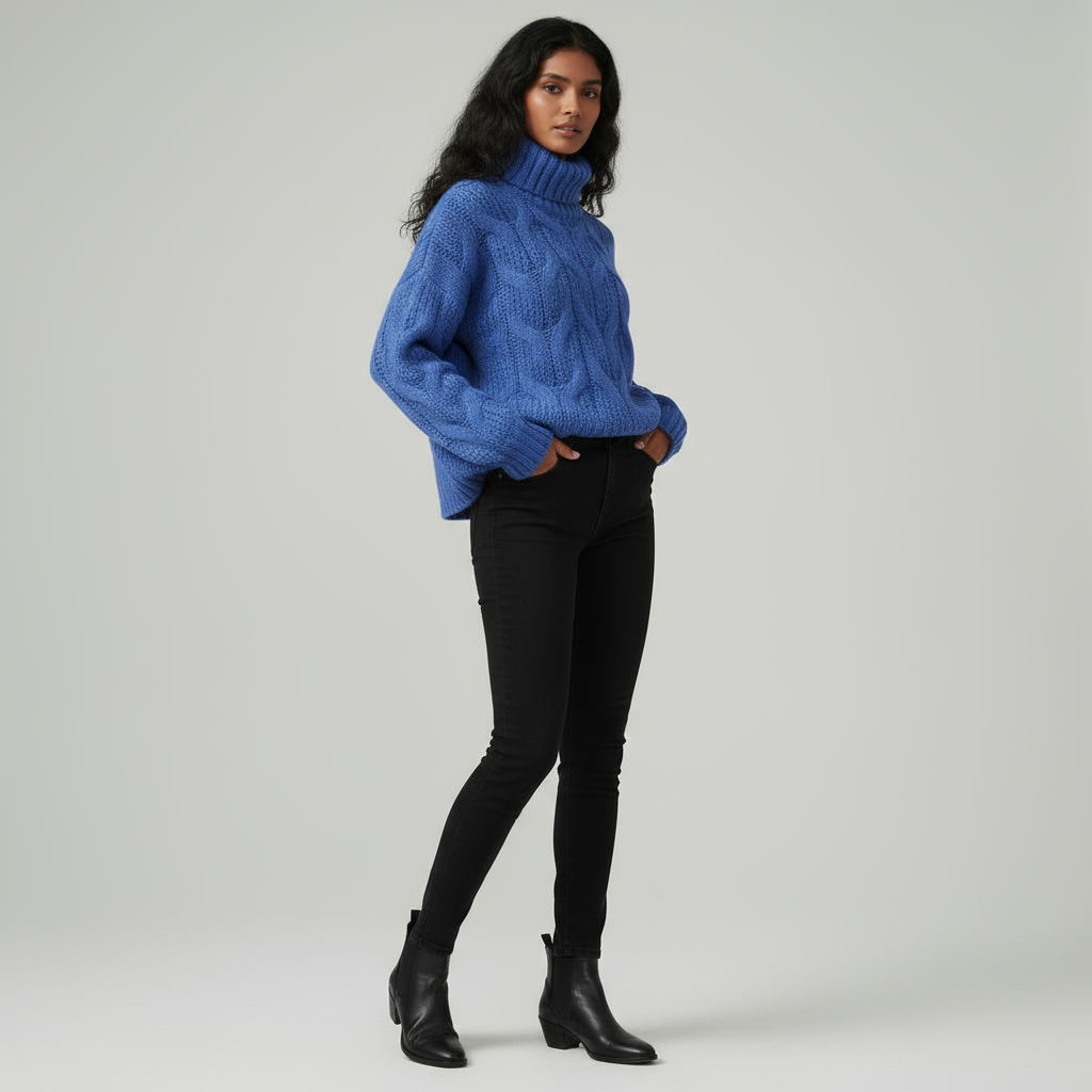 Women's Cable Knit Turtleneck Sweater with Relaxed Fit