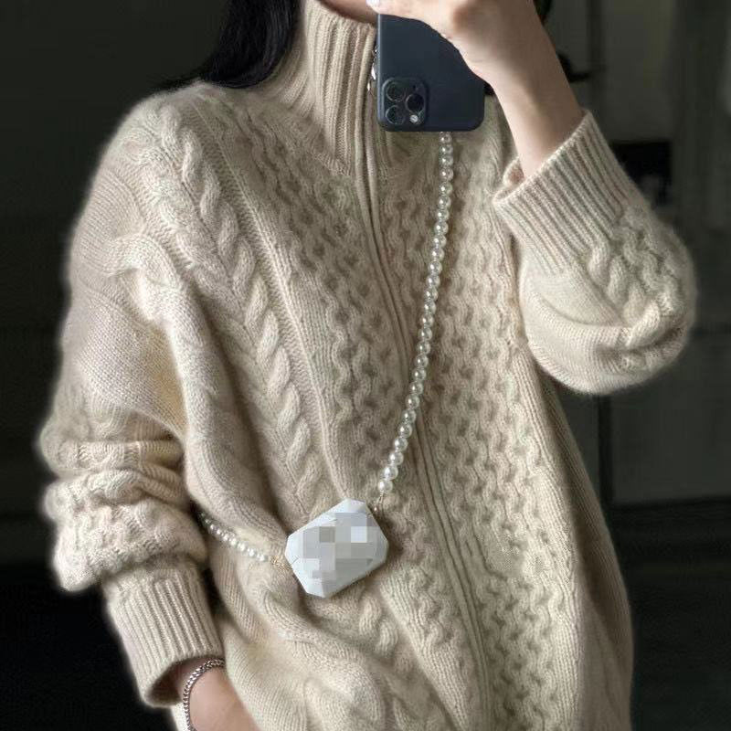 Women's Cable Knit Zip Cardigan with Stand Collar - Beige