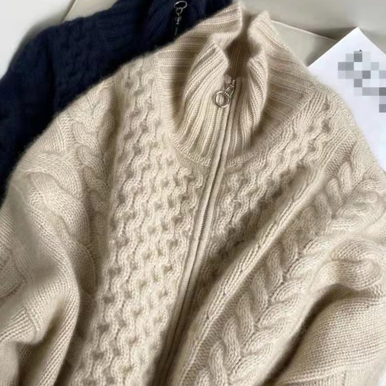 Women's Cable Knit Zip Cardigan with Stand Collar