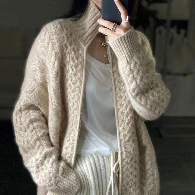 Women's Cable Knit Zip Cardigan with Stand Collar