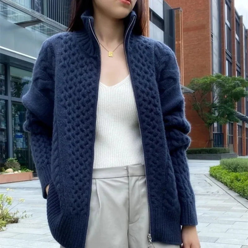 Women's Cable Knit Zip Cardigan with Stand Collar