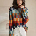 Women's Checkered Mock Neck Sweater with Relaxed Fit