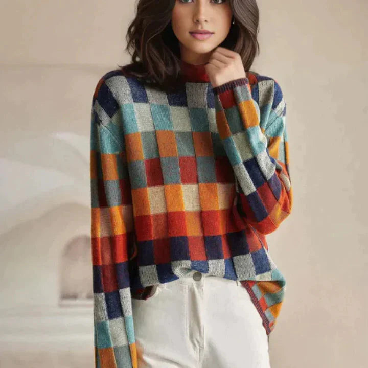Women's Checkered Mock Neck Sweater with Relaxed Fit