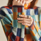Women's Checkered Mock Neck Sweater with Relaxed Fit