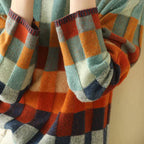 Women's Checkered Mock Neck Sweater with Relaxed Fit