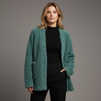 Women's Chunky Open Front Cardigan with Patch Pockets - Sea Green