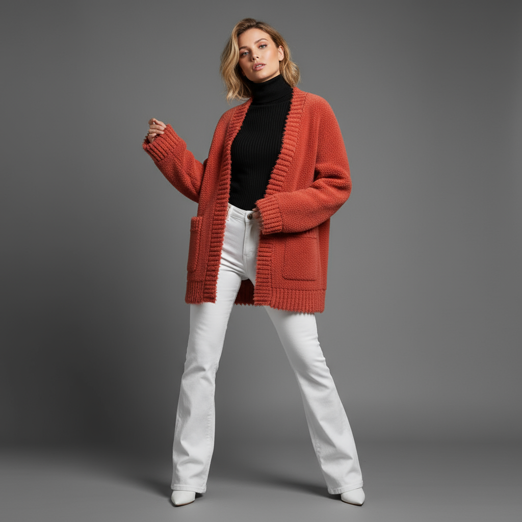 Women's Chunky Open Front Cardigan with Patch Pockets