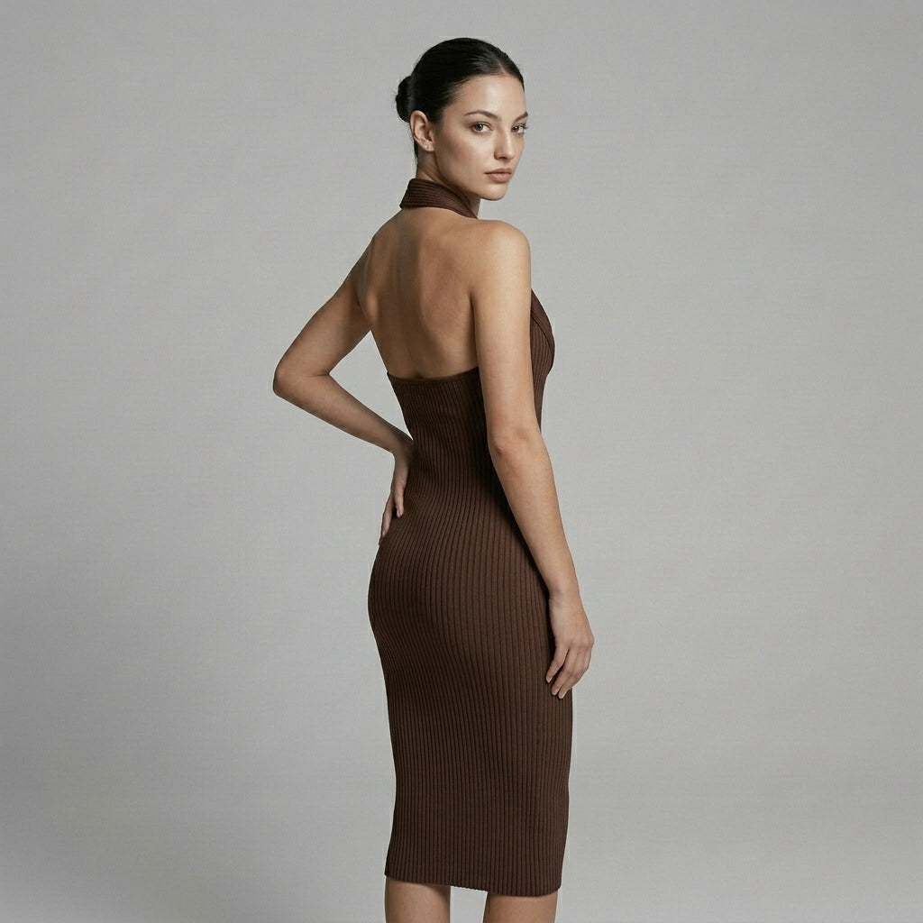 Women's Cowl Neck Halter Midi Dress with Open Back
