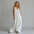 Women's Crinkle Halter Maxi Dress with Deep V-Neck - Ivory