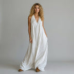 Women's Crinkle Halter Maxi Dress with Deep V-Neck - Ivory