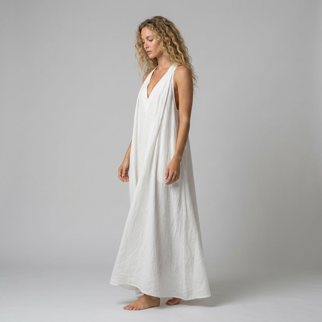 Women's Crinkle Halter Maxi Dress with Deep V-Neck