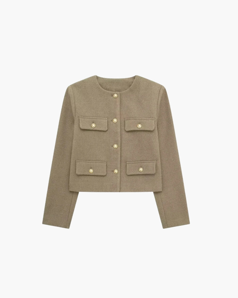 Women's Cropped Collarless Blazer with Patch Pockets - Brown