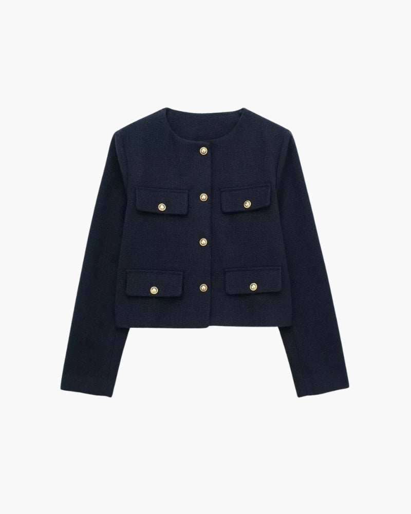 Women's Cropped Collarless Blazer with Patch Pockets - Navy